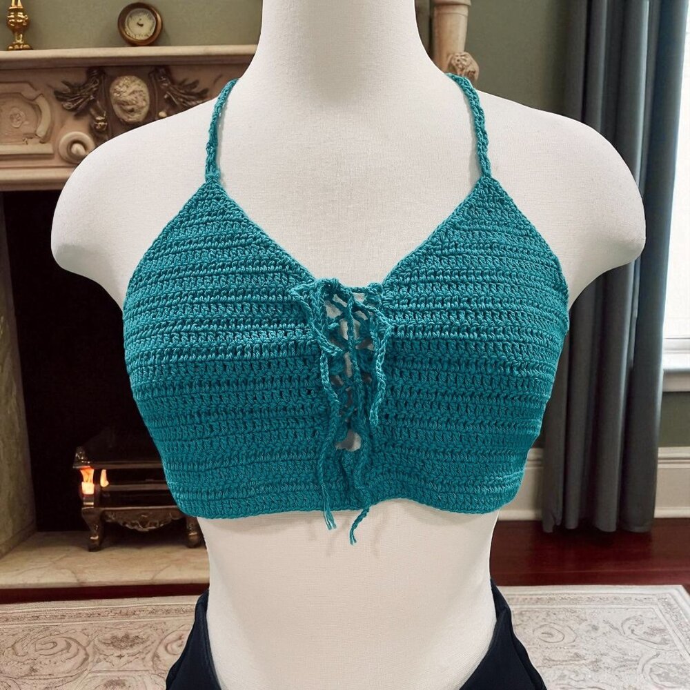 Hayden Los Angeles Crochet Halter Top Teal Festival Boho Summer Y2K NWT One Size